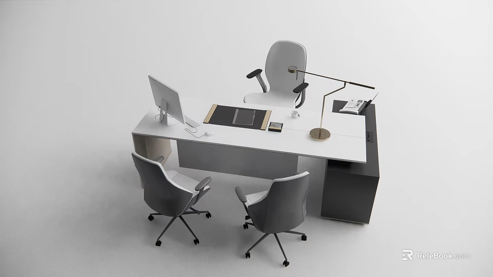 Modern Minimalist Office Desk With Gray Chairs Computer Monitor And Desk Lamp 3d model 