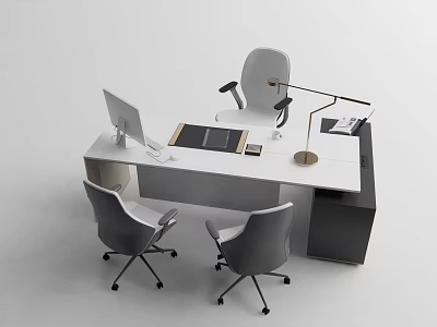 Modern Minimalist Office Desk With Gray Chairs Computer Monitor And Desk Lamp 3d model