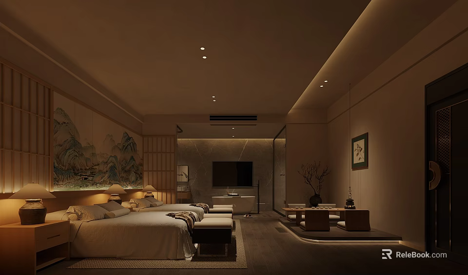 Modern Chinese Hotel Guest Room With Warm Lighting Bed Sofa And Landscape Painting 3d model 