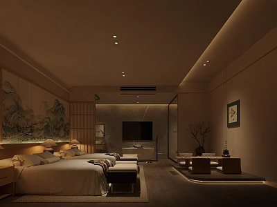 Modern Chinese Hotel Guest Room With Warm Lighting Bed Sofa And Landscape Painting 3d model