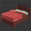 Red Carved Wooden Bed Frame With Red Mattress And White Pillows
