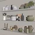 Organized White Kitchen Shelves With Ceramic Kitchenware Plates Bowls Jars And Green Plants