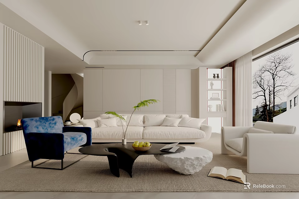 Modern Living Room Interior With White Sofa Blue Armchair Black Coffee Table And Green Plant 3d model 