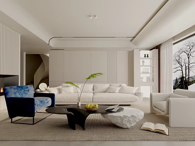 Modern Living Room Interior With White Sofa Blue Armchair Black Coffee Table And Green Plant 3d model