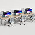 Modern Office Workspace With Multiple Desks Computer Monitors And Ergonomic Chairs 3d model