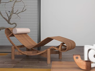 Wooden Lounge Chair With Curved Woven Structure Grid Wall And Tree Branch Decoration 3d model