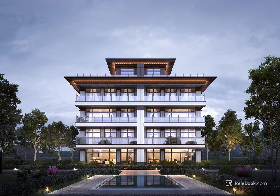 Multi Story Modern Hotel Building Featuring Glass Windows Front Courtyard Water Feature Surrounded by Trees 3d model 