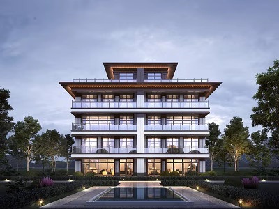 Multi Story Modern Hotel Building Featuring Glass Windows Front Courtyard Water Feature Surrounded by Trees 3d model