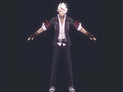 White Haired Character In Suspenders With Arm Guards And Open Arms Stance 3d model