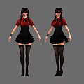 Woman in Red Blouse Black Skirt with Pigtails Glasses and Black Stockings