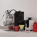 Modern Kitchen Appliances With Coffee Machine Grinder And Red Kettle On Countertop
