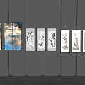 Traditional Chinese Hanging Paintings With Landscape And Flower Designs On Dark Wall
