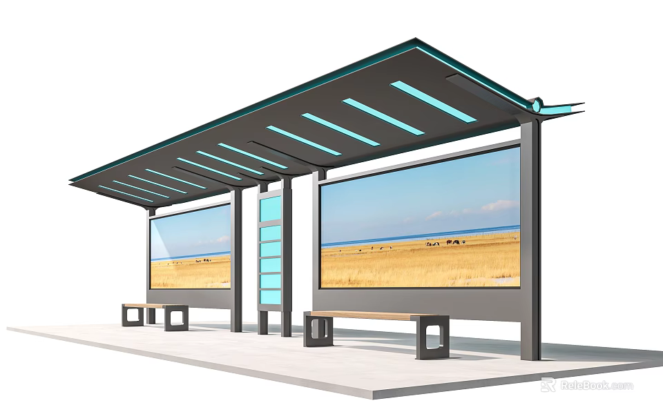 Modern Bus Shelter With Canopy Large Screens Benches And Blue Accents 3d model 