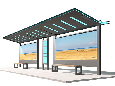 Modern Bus Shelter With Canopy Large Screens Benches And Blue Accents 3d model