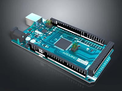 Blue Arduino Electronic Circuit Board With Microchip Pins Ports And Components 3d model