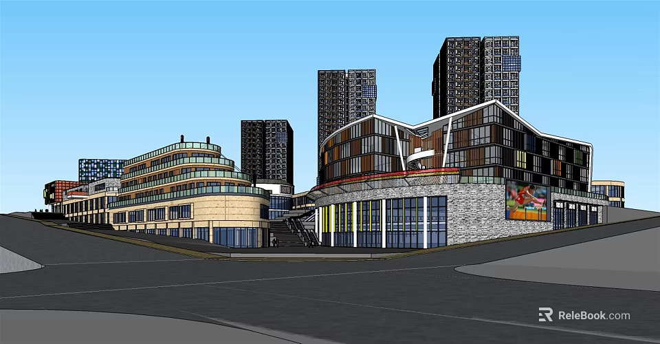 Modern Commercial Street With Multi Story Buildings Glass Facades And Plaza Area 3d model 