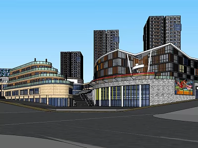 Modern Commercial Street With Multi Story Buildings Glass Facades And Plaza Area 3d model