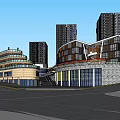 Modern Commercial Street With Multi Story Buildings Glass Facades And Plaza Area
