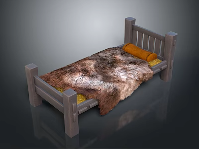 Wooden Bed With Fuzzy Blanket And Straw Mattress In Simple Rustic Style 3d model