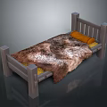 Wooden Bed With Fuzzy Blanket And Straw Mattress In Simple Rustic Style