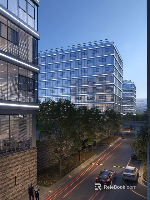 Sleek Modern Office Building Featuring Glass Curtain Wall And Tree Lined Avenue 3d model 