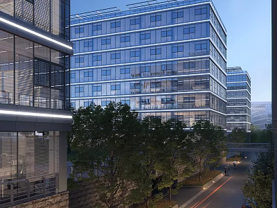 Sleek Modern Office Building Featuring Glass Curtain Wall And Tree Lined Avenue 3d model