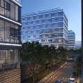Sleek Modern Office Building Featuring Glass Curtain Wall And Tree Lined Avenue