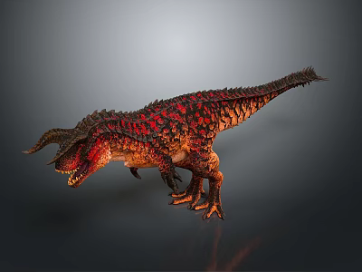Realistic Ferocious Horned Dinosaur With Red Black Scales Open Mouth 3D Render 3d model