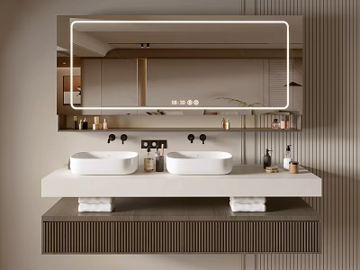 Modern Bathroom Vanity With Double Sinks Illuminated Mirror And Storage Cabinet 3d model