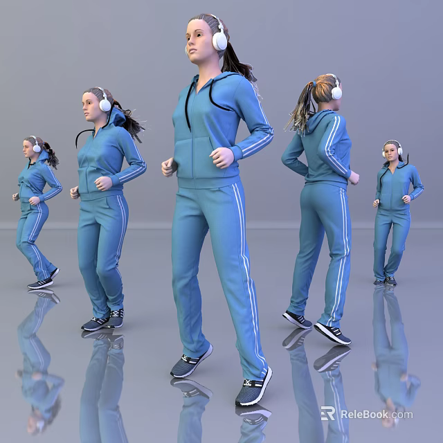 Woman In Blue Tracksuit With White Stripes Jogging Wearing Headphones In Different Poses 3d model 