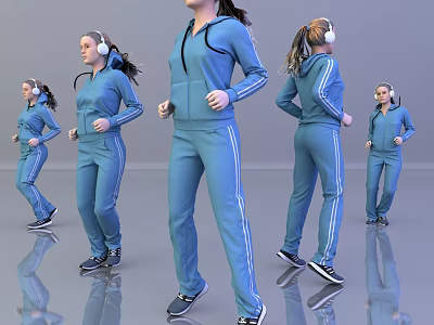 Woman In Blue Tracksuit With White Stripes Jogging Wearing Headphones In Different Poses 3d model