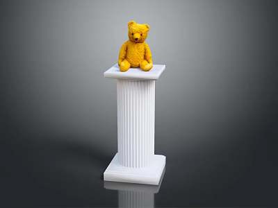 Yellow Teddy Bear Sculpture Displayed on White Fluted Pedestal with Detailed Craftsmanship 3d model