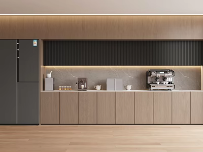 Modern Pantry Interior With Dark Vertical Paneling Wooden Cabinets Marble Countertop Coffee Machine And Refrigerator 3d model