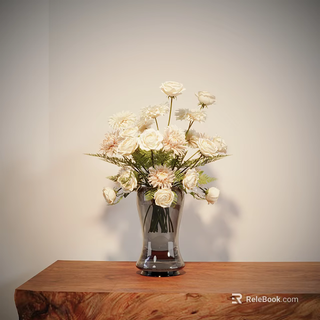 Transparent Vase with White and Light Pink Flowers on Wooden Table Against Light Colored Wall 3d model 