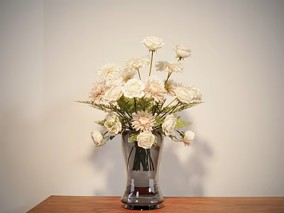 Transparent Vase with White and Light Pink Flowers on Wooden Table Against Light Colored Wall 3d model