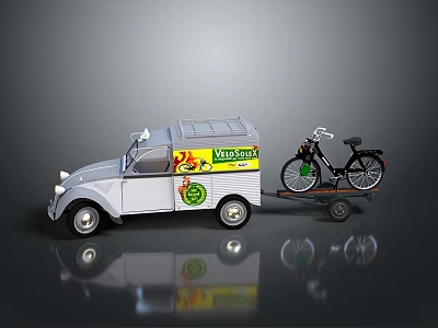 White Vintage Microtrans Van Towing Black Bicycle On Small Trailer 3d model