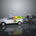 White Vintage Microtrans Van Towing Black Bicycle On Small Trailer