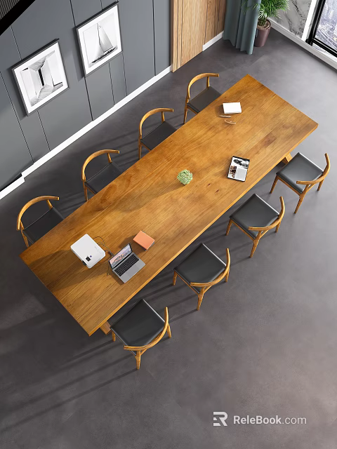 Modern Wooden Conference Table With Chairs Around And Notebooks On Top 3d model 