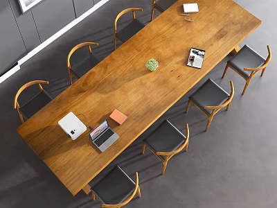 Modern Wooden Conference Table With Chairs Around And Notebooks On Top 3d model