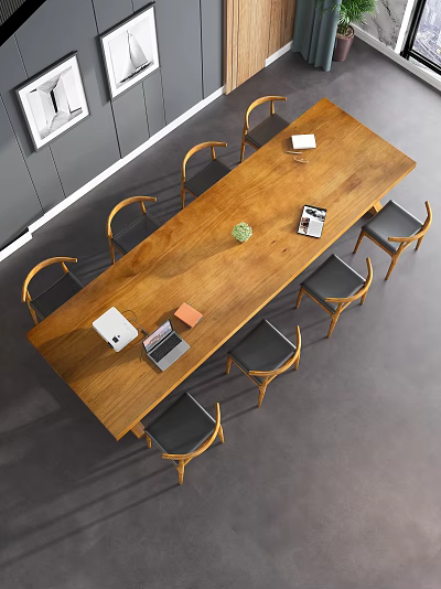 Modern Wooden Conference Table With Chairs Around And Notebooks On Top 3d model