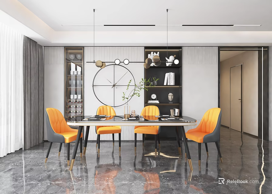 Modern Restaurant Interior With Orange Chairs Dining Table Wall Decor And Marble Floor 3d model