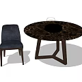 Modern Round Dining Table Set With Dark Marble Top And Navy Blue Upholstered Chair