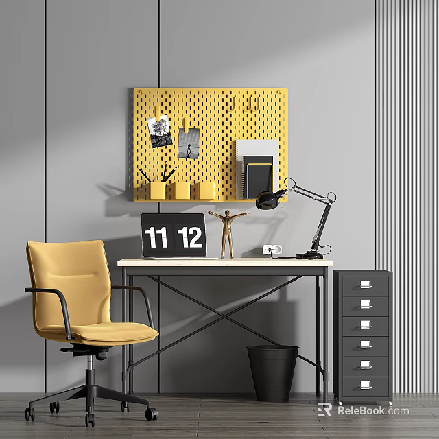 Modern Workspace White Desk With Black Metal Frame Yellow Chair Lamp Calendar And Pegboard 3d model 