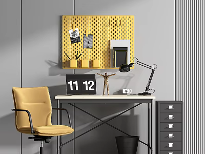 Modern Workspace White Desk With Black Metal Frame Yellow Chair Lamp Calendar And Pegboard 3d model