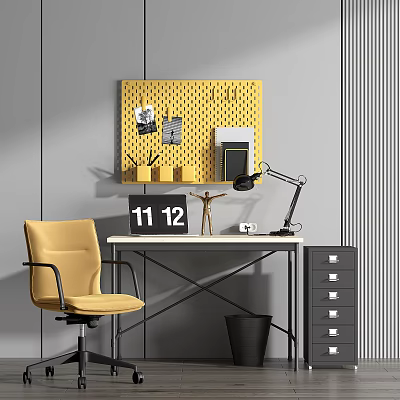 Modern Workspace White Desk With Black Metal Frame Yellow Chair Lamp Calendar And Pegboard 3d model