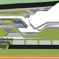 Modern Sales Office Building Featuring Glass Curtain Walls And Unique Architectural Design With Landscaped Surroundings