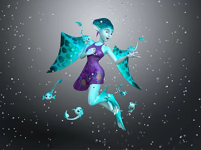 Turquoise Fairy With Manta Ray Wings And Small Marine Creatures Floating In Bubbles 3d model