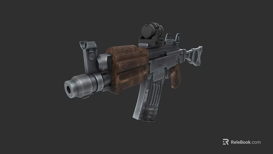 Tactical Assault Rifle With Wooden Stock Mounted Scope And Muzzle Device 3d model 