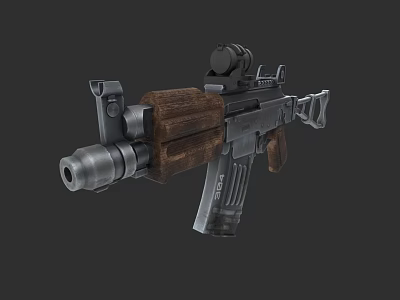 Tactical Assault Rifle With Wooden Stock Mounted Scope And Muzzle Device 3d model