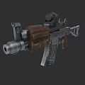 Tactical Assault Rifle With Wooden Stock Mounted Scope And Muzzle Device